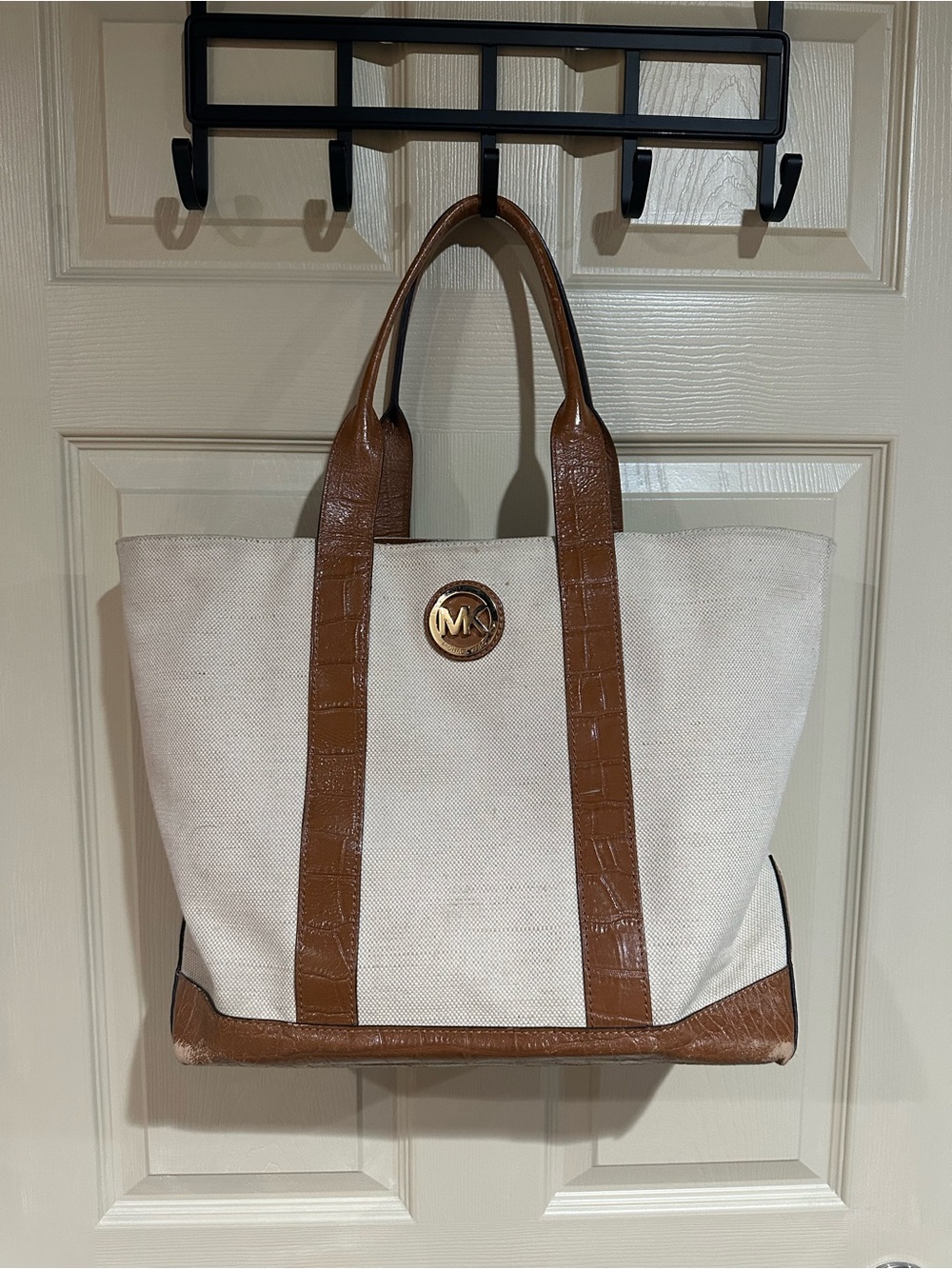 Michael Kors Cream Canvas and Cross Embossed Tote with Brown Leather Trim